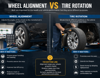 infographic comparing tire rotations and wheel alignments